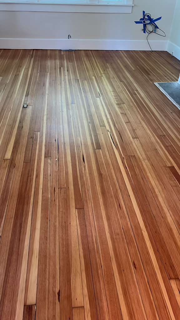 Wide plank hardwood open plan with green kitchen