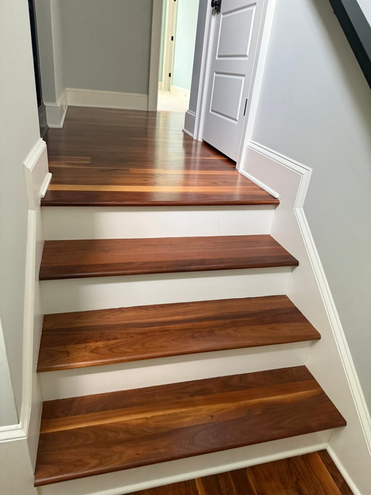 Walnut tread replacement with white risers Charleston